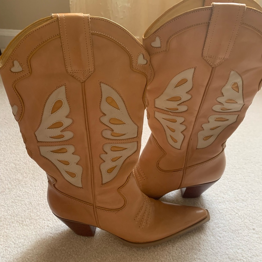 Nine West Beige Tan Cream Leather Cowboy Boots
